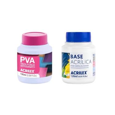 Imagem de Kit Tinta PVA Fosca Acrilex Branco 519 100ml + Base Acrílica 120ml Branco para Artesanato, MDF, Madeira, Tela, Gesso e Cerâmica – Alta Cobertura e Secagem Rápida