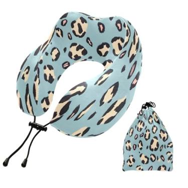 Imagem de CEBUGI Travesseiros de viagem portáteis em forma de U, travesseiro de pescoço de espuma viscoelástica com trava de corda ajustável para avião, viagem, trem, negócios, escritório, soneca (estampa de