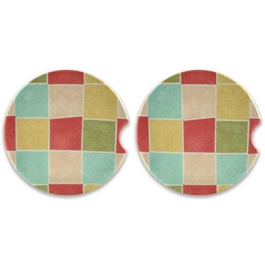 Imagem de CEBUGI 2 peças de porta-copos de carro para porta-copos de cerâmica de 6,3 cm com entalhe de dedo absorvente porta-copos de copo de carro de grade colorida para mulheres e homens