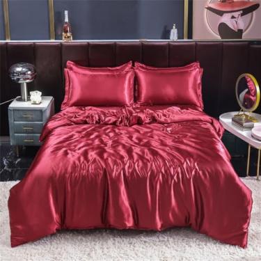 Imagem de XLCZMYL Jogo de cama de seda de cetim com capa de edredom, fronhas de cama de casal sólido solteiro, lençol de cama vermelho, lençol de algodão 180 x 220 4 peças