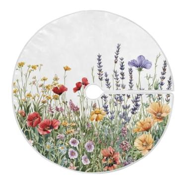 Imagem de Qilmy Saia de árvore de Natal de flores silvestres e borboletas 120 cm, camurça para árvore de Natal, adequada para decoração de armário em ambientes internos e externos, festas, escritórios, lojas