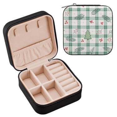 Imagem de Wassud Caixa de joias de viagem verde xadrez de Natal para mulheres, meninas, senhoras, noiva, mini organizador de joias de couro PU, caixa quadrada de armazenamento de joias para brincos, anéis