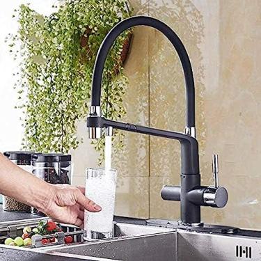 Imagem de Torneiras de cozinha torneira de cozinha preto fosco torneira de pia de cozinha filtro de água pura torneira misturadora de bebidas duas alças dois bicos banheiro torneira de cozinha guindaste quente