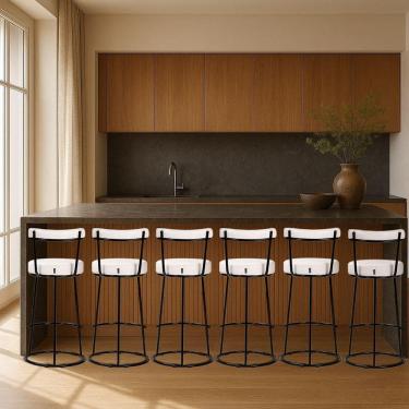 Imagem de Banqueta Alta Cozinha 70cm Encosto Industrial Aço Kit 6 Ziria Pu S02 - D`rossi Off White