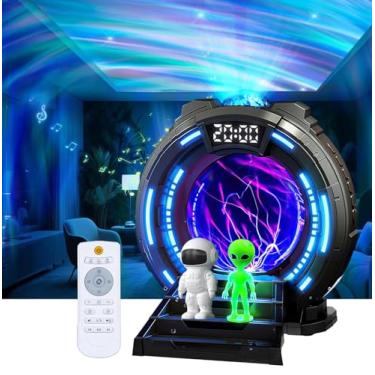 Imagem de Projetor Stargate Northern Lights Lâmpada de bola de plasma, projetor de luz noturna astronauta Galaxy Aurora com ruído branco, alto-falante de música, despertador e controle remoto para quarto, jogos