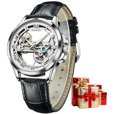 Imagem de OLEVS Relógios de pulso exclusivos esqueleto automáticos para homens, pulseira de couro preto e marrom, moda luxuosa, relógio mecânico masculino luminoso, à prova d'água, Pulseira preta com mostrador