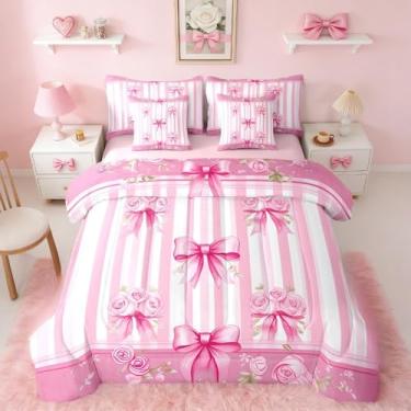 Imagem de Erosebridal Jogo de cama solteiro com laço rosa, 7 peças, princesa, laço floral, estampa kawaii, para crianças e meninas