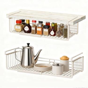 Imagem de Pacote com 2 cestas de armazenamento embaixo da prateleira, organizador extensível sob o armário, organizadores de despensa e rack de armazenamento para cozinha, lavanderia, mesa, estante de livros