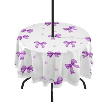 Imagem de Qilmy Toalha de mesa redonda impermeável com estampa de laço roxo de 152 cm com orifício para guarda-chuva e zíper – uso externo / interno resistente para pátio, churrascos, piqueniques, festas (serve