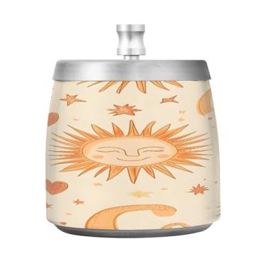 Imagem de JUZIHAI Cinzeiro de padrão solar com tampa, cinzeiro de aço inoxidável inodoro à prova de vento cinzeiro sem fumaça para escritório em casa, pátio, varanda, cigarro