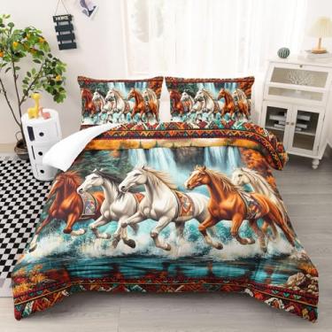 Imagem de AILONEN Cama de cavalo, Queen Size ocidental, tema de cavalo galopante, asteca, com 2 fronhas, roupa de cama boho, casa de fazenda, 3 peças