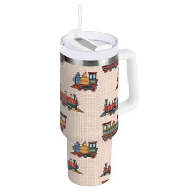 Imagem de ODAWA Copo isolado de parede dupla de 1,134 g, locomotivas coloridas, copos com isolamento duplo com alça e canudo