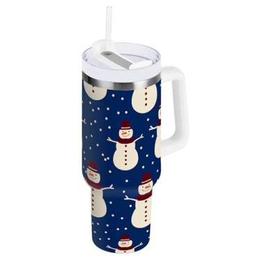 Imagem de ODAWA Caneca grande com isolamento azul de bonecos de neve com alça e canudo, copos com isolamento duplo