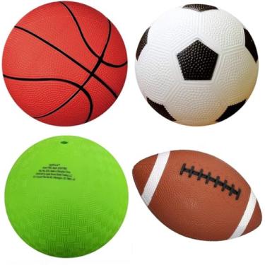 Imagem de AppleRound Pack of 4 Sports Balls with 1 Pump for Kids and Teens: 1 Each of 8.5-Inch Soccer, Basketball, Playground Ball, and Football