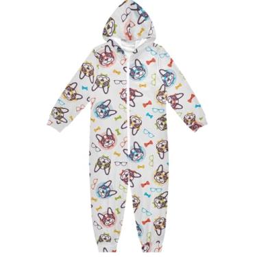 Imagem de Macacão infantil colorido unissex branco com capuz, macacão de uma peça, fantasias engraçadas de Natal, Halloween, roupa de casa para meninos e meninas, Cães coloridos brancos, 7-8 Anos