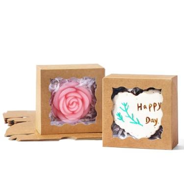 Imagem de JCXGRVC 50 caixas de presente de papel marrom pequenas 7,6 x 7,6 x 3,8 cm com janela transparente para sabonete, biscoitos e chocolates, trufas e mostre suas guloseimas caseiras