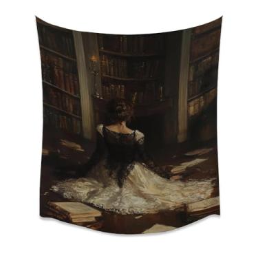Imagem de Tapeçaria de vestido de biblioteca vitoriana Dark Academia Reading Lady Cercada por Livros Moody Study Decoração de parede para quarto recanto aconchegante casa estética branca 152 x 203 cm