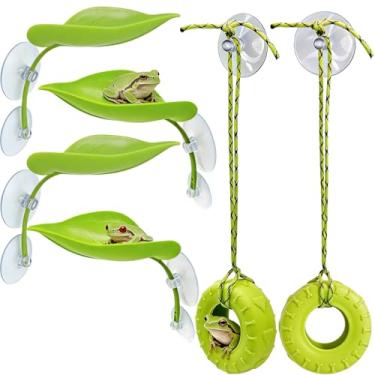 Imagem de Brinquedo de habitat de sapo de árvore, decoração de folhas de plástico, para pneu em miniatura com ventosas, plataforma de habitat de sapo, tanque de sapo e acessórios de decoração de terrário, para