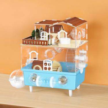 Imagem de Gaiola grande para hamster de acrílico de 2 níveis, habitat com esconderijo e roda de corrida, casa de hamster anão azul para gerbos anões, hamsters sírios, azul, 30 cm C x 24 cm L x 43 cm A