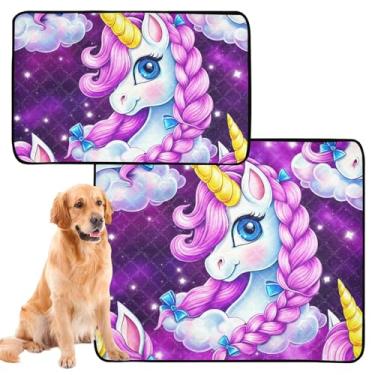 Imagem de Tapete de unicórnio fofo rosa roxo lavável à prova d'água para caixa de animais de estimação almofada de xixi para cães absorventes de gatos, almofada de penico, médio + grande, conjunto de 2
