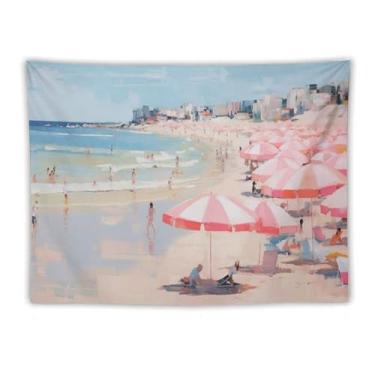 Imagem de Guarda-chuvas de praia rosa cena multidão tapeçaria de parede costal decoração de verão pastel arte do oceano para sala de estar quarto pátio vibrante destaque de praia pendurado cena animada 60 x 80