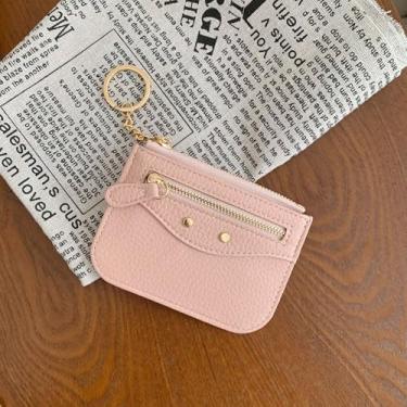 Imagem de Carteira feminina de couro genuíno com dobra dupla/tripla - Suporte minimalista para cartão de crédito com bloqueio de RFID e bolso para moedas, rosa, Casual