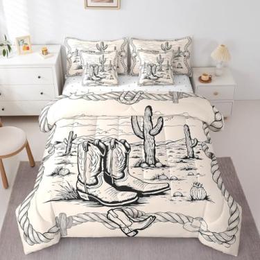 Imagem de Erosebridal Jogo de cama solteiro com 7 peças, botas de caubói, estilo faroeste, rodeio, desenho à mão, deserto americano, ferraduras, cacto, bege, nuvens, planícies