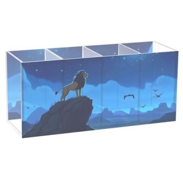 Imagem de TSENQUE Lindo porta-lápis para mesa, majestoso, leão, montanha iluminada pela lua, azul, acrílico, porta-pincéis, caneta, copo e caneta, organizador de escritório personalizado para mesa