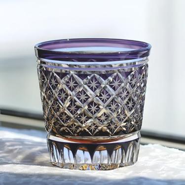 Imagem de suigetsu Copo de uísque de cristal japonês Edo Kiriko, padrão de diamante roxo cortado à mão, copo vintage sem haste para Bourbon e coquetéis