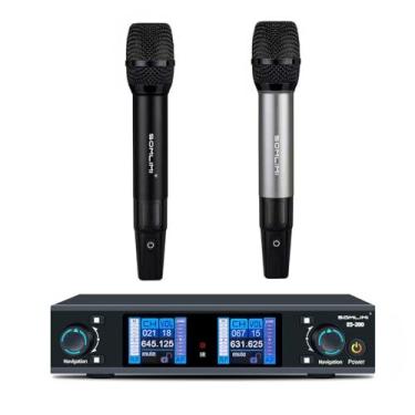 Imagem de SOMLIMI ES200 Microfone sem fio duplo canal metálico para palco performance igreja ktv festa (ES200-Cinza + Preto)