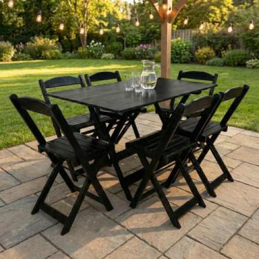 Imagem de Conjunto Mesa Dobrável 120x70cm com 6 Cadeiras Madeira Maciça Preto - 