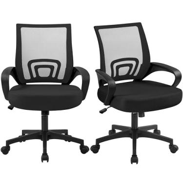 Imagem de Yaheetech Cadeira de escritório, encosto médio, suporte lombar, cadeira de mesa com suporte lombar, altura ajustável, cadeira ergonômica de malha com apoio de braço, preta, pacote com 2