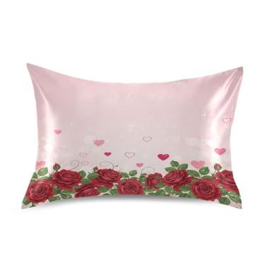 Imagem de Wassud Red Roses Fronha de cetim para o dia dos namorados para cabelo e pele fronhas de seda lisa tamanho padrão capas de travesseiro respiráveis com fecho de envelope
