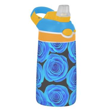 Imagem de Garrafa de água esportiva infantil Blue Roses Flowers para escola, 473 ml, 473 ml, garrafa de água Tritan com canudo, reutilizável à prova de vazamento, alça de transporte