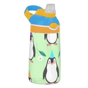 Imagem de Garrafa de água de animais verdes fofos pinguins brincalhões infantis com canudo 473 ml Tritan 473 ml Garrafa de água de plástico portátil à prova de vazamento, reutilizável, alça de transporte
