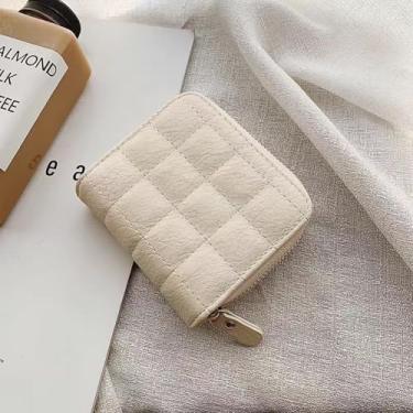 Imagem de Carteira feminina pequena de couro PU com bloqueio de RFID, porta-cartões com zíper, bolso para moedas, janela para identidade, Branco, Tendência