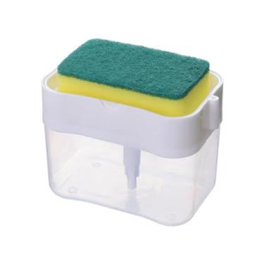 Imagem de Dispensador de detergente com suporte de esponja, operação manual, sem necessidade de eletricidade, adequado para pias de cozinha e outros materiais plásticos para uso doméstico e hoteleiro, branco