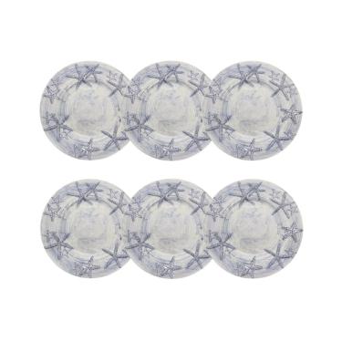 Imagem de Cj 6 Pratos P/Sobremesa de Melamina C/Borda Estrela do Mar Branco/Azul 23cm Entrecasa