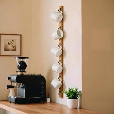 Imagem de Yohsnor Suporte de parede para canecas de café – Suporte de copo de madeira maciça com 6 ganchos para armário de cozinha, organizador de bar de chá que economiza espaço com decoração rústica (design