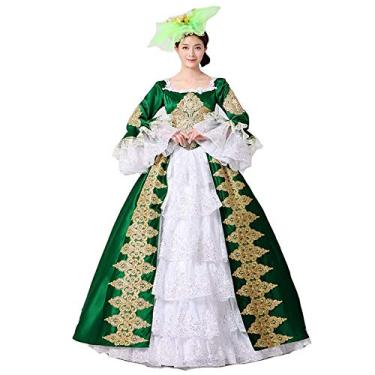 Imagem de CountryWomen Vestido de princesa gótica renascentista, dama de honra, vestido de baile, fantasia de teatro, Verde e branco, XG