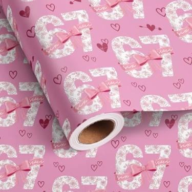 Imagem de Altarho Rolo de papel de embrulho 67 Dia dos Namorados, rosa rosa 6 7 palavras design amor coração laço embrulho para presente para casal, adolescentes, crianças, adultos, festa de feriado, total 28,5