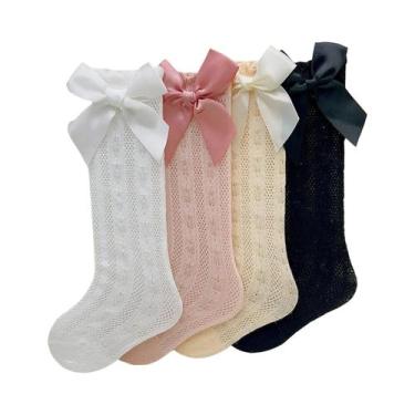 Imagem de 4 pares de meias anti-mosquio com decoração de laço para bebê menina -