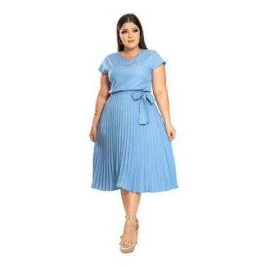 Imagem de Vestido Cristão Jeans Leve Plissado Rodado - Boni'Ta, Azul, Claro, P