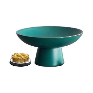 Imagem de Pires de plantas Prato alto de cerâmica para arranjos florais com base em formato kenzan, ideal para mesa, casa ou escritório