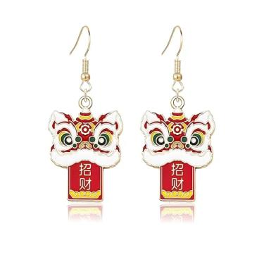 Imagem de coadipress Brincos de dança de leão para mulheres, estilo chinês, dragão, cabeça de animal, fogos de artifício, brincos de festa de ano novo, joias do festival da primavera, Medium, Metal, Sem pedra