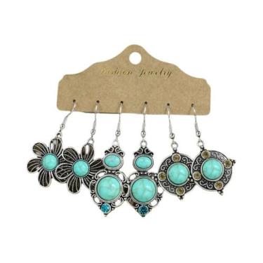 Imagem de Brincos Pendentes De Flor Com Incrustações De Turquesa, Estilo Étnico,