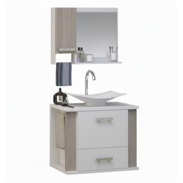 Imagem de Kit Gabinete Cuba e Espelheira 60cm Para Banheiro Moderno (Branco/Madeirado)