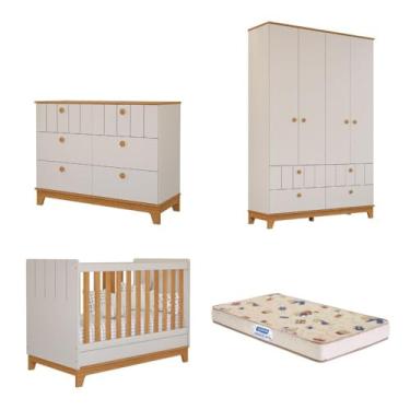 Imagem de Quarto de Bebê Completo com Guarda Roupa Cômoda Berço e Colchão Liza Permobili - Branco