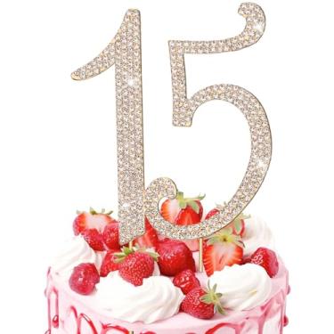 Imagem de Topo de bolo número 15, enfeite de bolo de aniversário de 15 anos de strass de cristal, decorações de bolo com números brilhantes para festa de 15 anos ou aniversário (ouro)