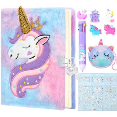 Imagem de Kit de diário de unicórnios para meninas com cadeado e chaves - Diário secreto de princesa Diário de Natal para meninas presentes - Artigos de papelaria fofos materiais escolares com caneta clicky